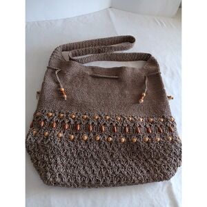 Vintage CrochetCrossbody Tote Boho Style w/ Wooden Beads 33 in.‎ strap